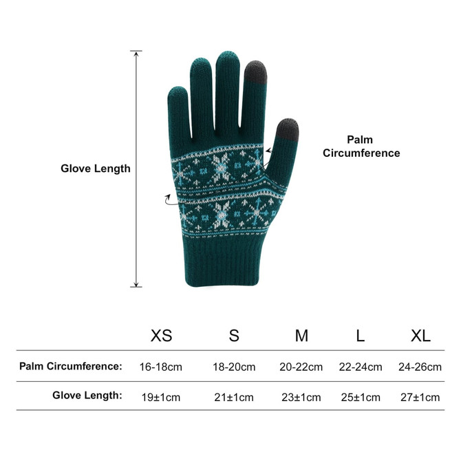 A pair of teal jacquard gloves with a snowflake pattern, featuring measured size details and a brand logo.
