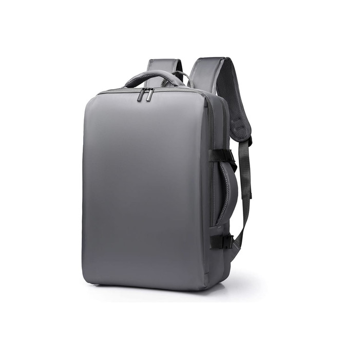 A grey carry-on travel backpack with padded shoulder straps and compartments for organisation. It features a logo.