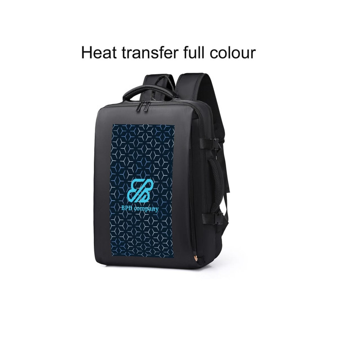 A black travel backpack with a patterned front panel and a logo. Features padded shoulder straps and a top handle.