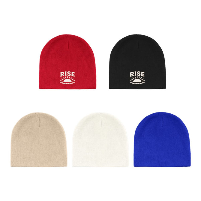 A collection of beanies in red, black, beige, white, and blue, featuring a logo on some.