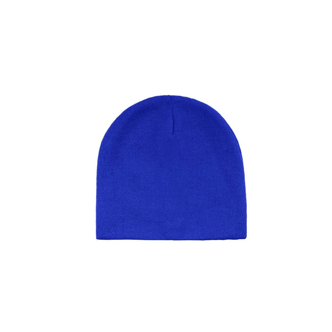 A blue beanie with a seamless knit design, featuring a logo on the side.
