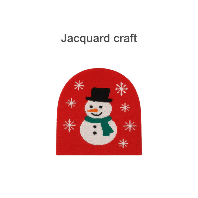 A red Jacquard beanie featuring a snowman design and snowflakes, with a prominent logo.