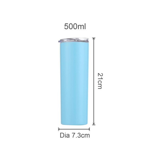 A drink bottle in light blue, featuring a U-shaped design, double wall, with a lid and a logo.