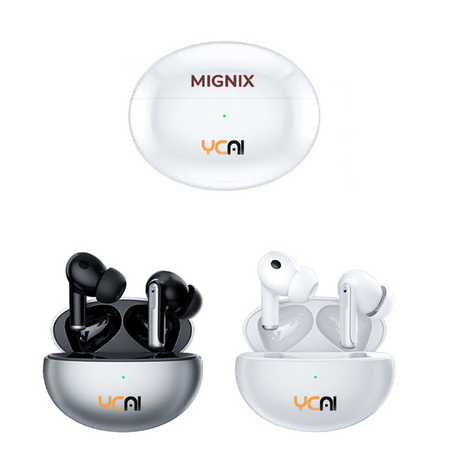 Active noise cancelling wireless earbuds in black and white, stored in a case with a logo. The case is white.