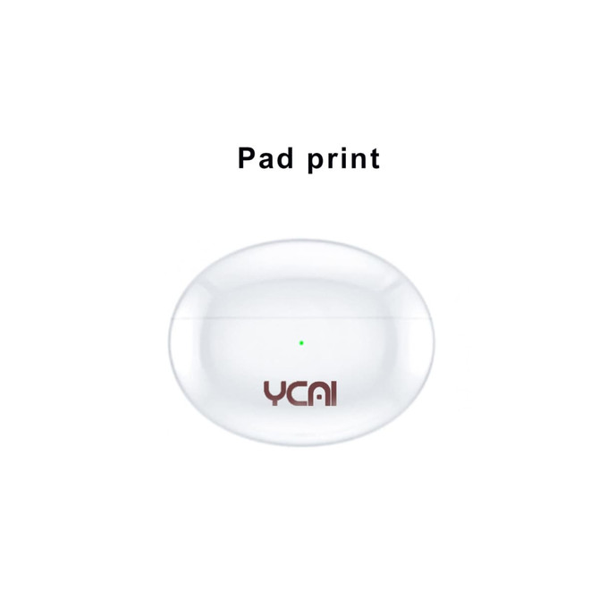 A white charging case for wireless earbuds with a small green indicator light and branding on the front.