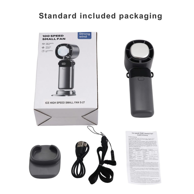 A portable cooling fan in grey with a phone stand, USB cable, and manual inside its packaging.