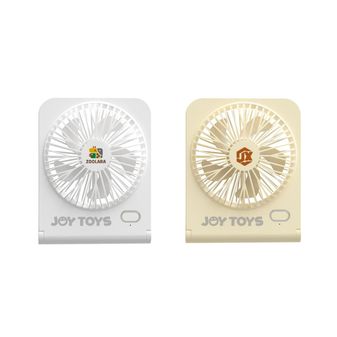 A mini desk fan in white and beige, featuring a logo on each unit. Compact design with a simple, modern look.