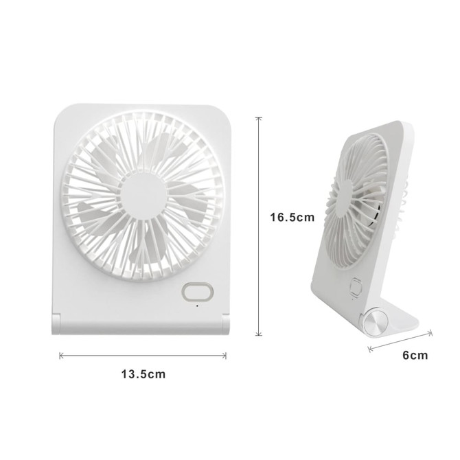 A mini desk fan in white, featuring a simple design with a rounded front and adjustable stand. Dimensions included.