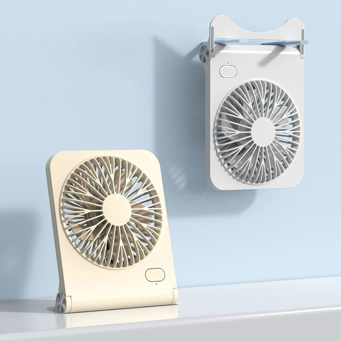 Two mini desk fans in cream and grey, featuring a circular front design. Both have a small logo on the side.