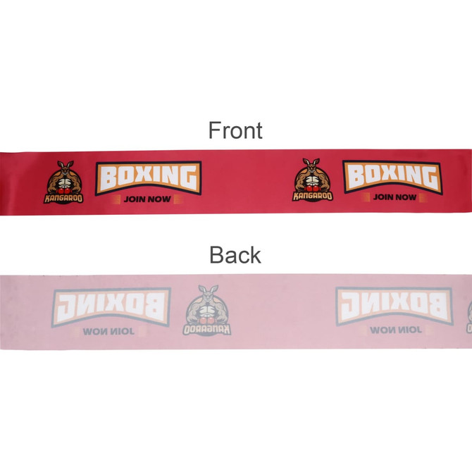 A red promotional ribbon with logos on both sides, featuring text related to boxing.