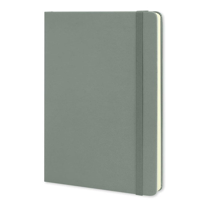 A large, hard cover notebook in a muted green colour, featuring an elastic closure and a simple design.