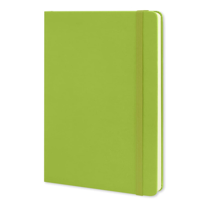 A large, bright green Moleskine Classic Hard Cover Notebook with an elastic band closure and a smooth finish.