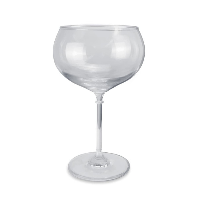 A clear glass with a wide bowl and slender stem, designed for serving drinks.