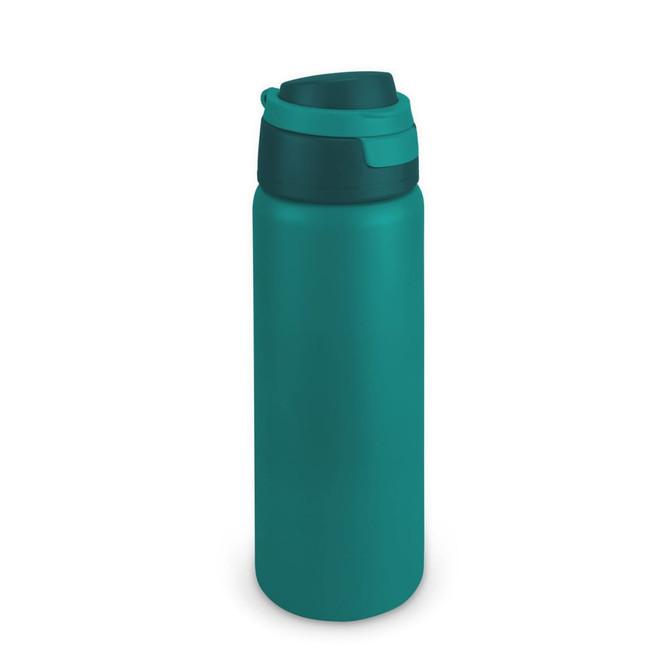 A drink bottle in teal with a screw-top lid and a sleek, minimalist design. It features a logo on the body.