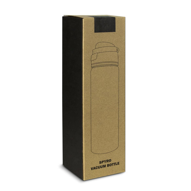 A drink bottle in a cardboard packaging featuring a sleek design, with a lid and a logo. The bottle is silver.