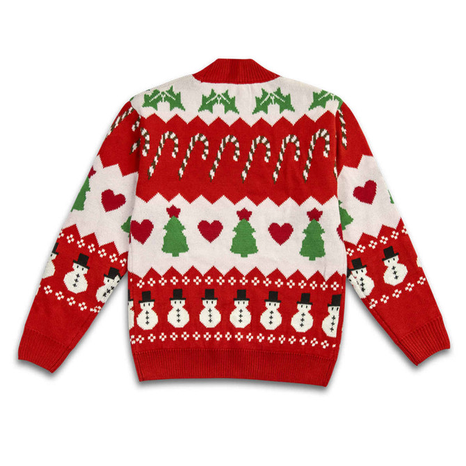 A red Christmas jumper featuring white snowmen, green trees, and festive patterns of hearts and candy canes.