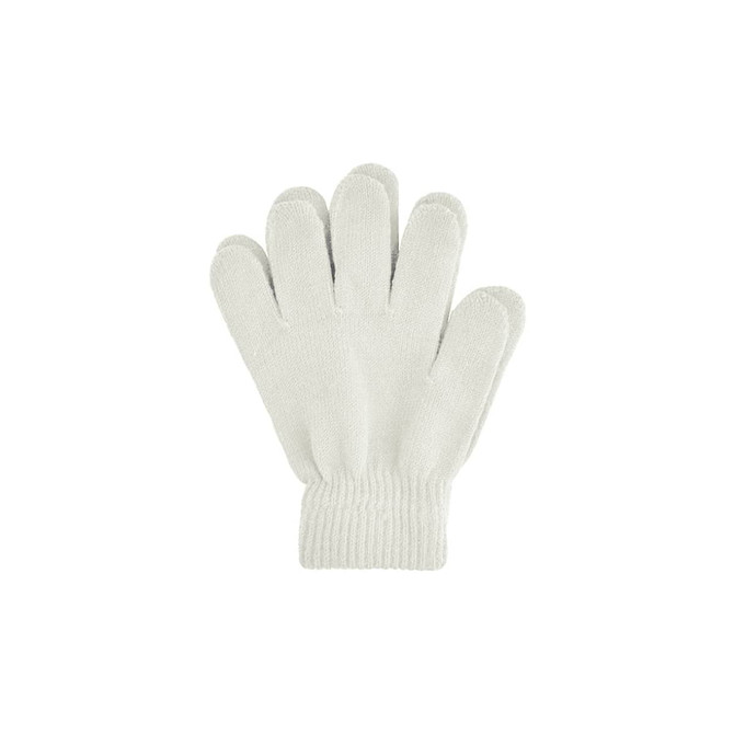 Plain knitted gloves in white, featuring a woven label and a ribbed cuff for a secure fit.