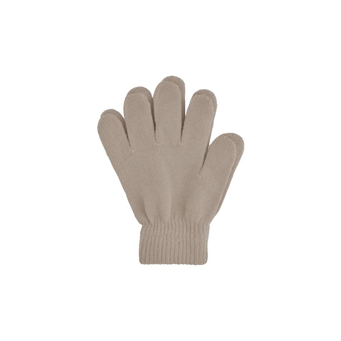 A pair of plain knitted gloves in a soft beige colour, featuring a ribbed cuff.