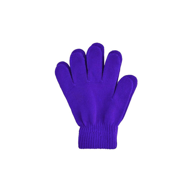 A pair of plain knitted gloves in vibrant purple, featuring a ribbed cuff and a woven label.