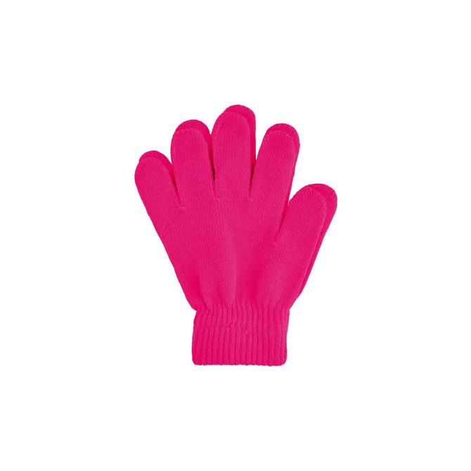 A pair of bright pink knitted gloves with a ribbed cuff and a woven label.