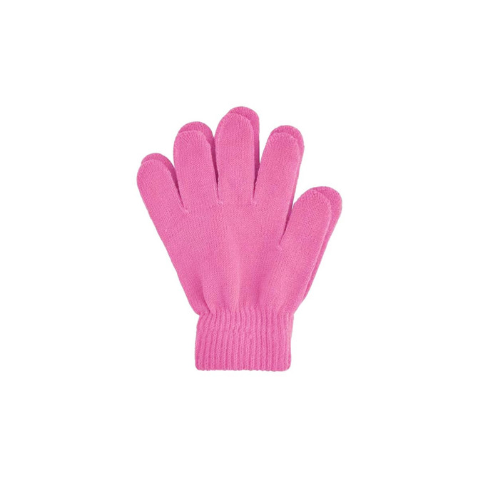 A pair of pink knitted gloves featuring a ribbed cuff and a woven label.
