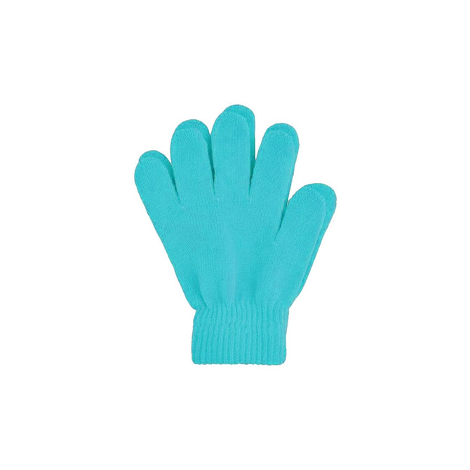 A pair of plain knitted gloves in a bright teal colour, featuring a woven label.