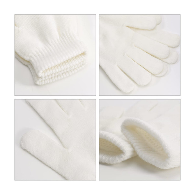 A pair of plain white knitted gloves with a woven label, featuring ribbed cuffs and a soft texture.