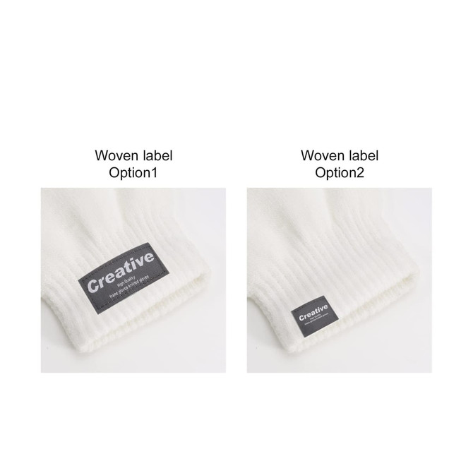 White knitted gloves featuring two woven label options. The gloves have a ribbed cuff design.