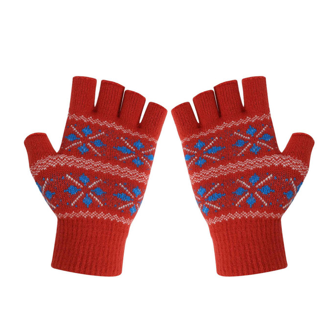 Fingerless gloves in red with a blue and white floral jacquard pattern, featuring an embroidered logo.