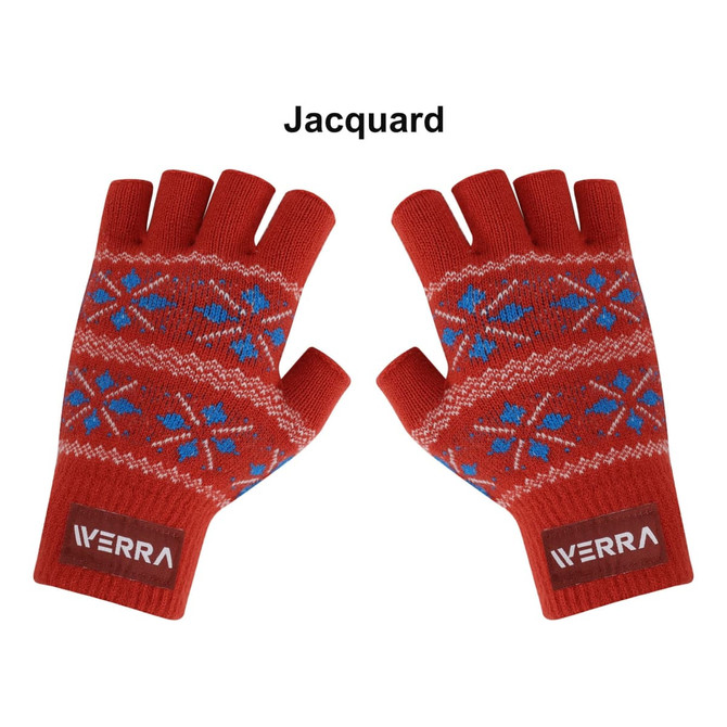 A pair of red jacquard fingerless gloves featuring blue and white snowflake patterns and a logo.