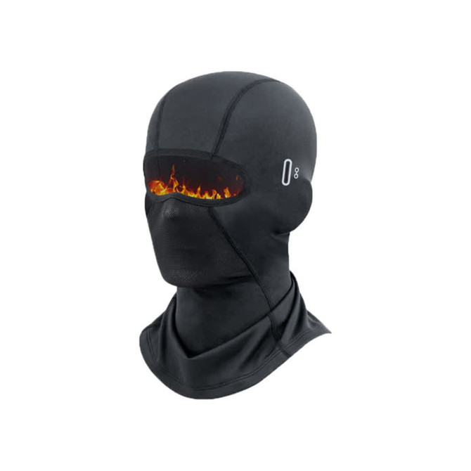 A black balaclava cycling face mask featuring an eye area with a flame design and a fitted neck section.