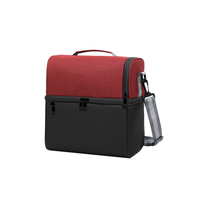 A two-compartment lunch bag in red and black, featuring a sturdy handle and a removable shoulder strap, with a logo.
