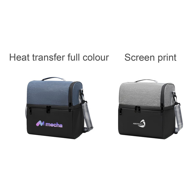 A two-compartment lunch bag in blue and grey with a logo, featuring a handle and shoulder strap.