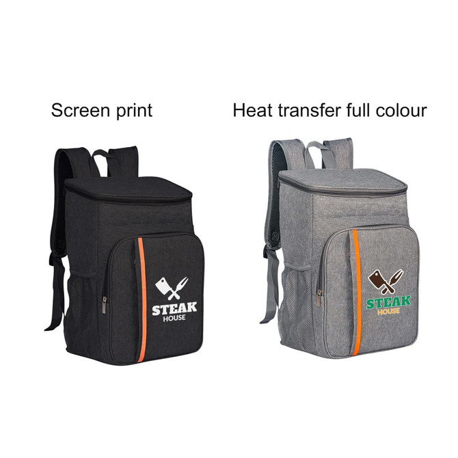 A large capacity cooler backpack in black and grey with a front pocket and adjustable straps, featuring logos.