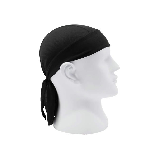A black Cycling Bandana Hat displayed on a white mannequin head, featuring a mesh design and ties at the back.