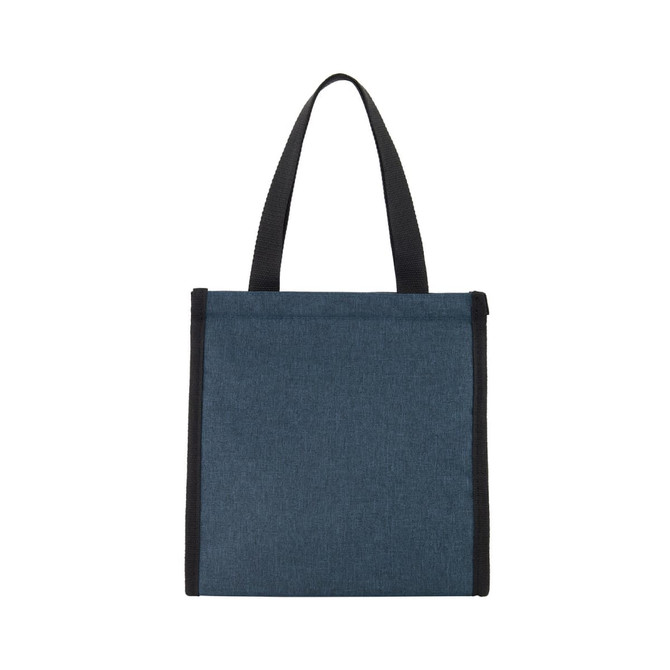 A blue cooler bag with black trim and two handles, featuring a zipper closure and a simple design.