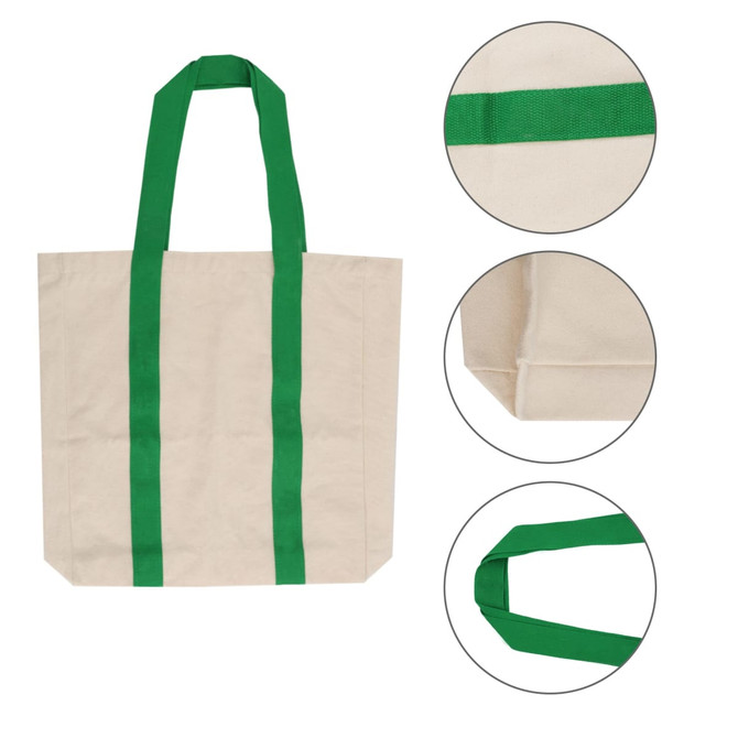 A personalised canvas tote bag in natural colour with green straps and corners. Features a logo.