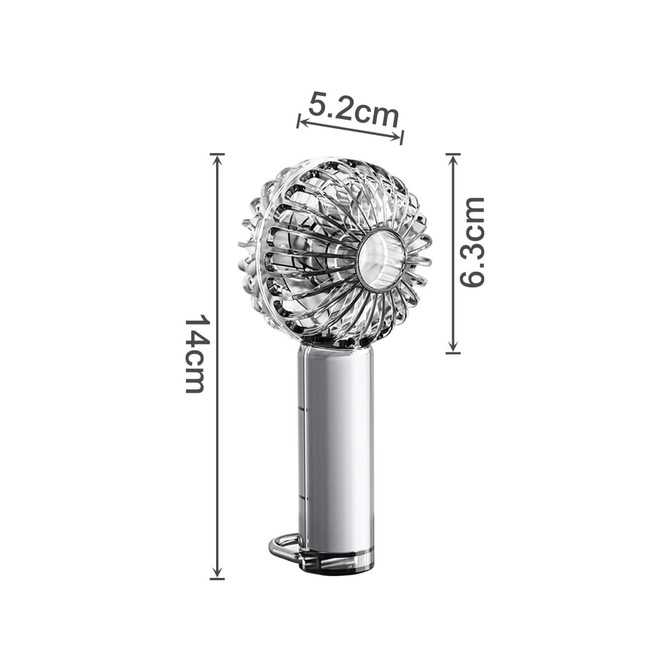 A transparent handheld fan with LED light, featuring a silver handle and a decorative fan head.