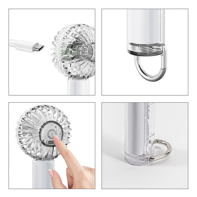 A transparent fan with LED light features a USB-C charging port, a power button, and a silver handle for easy attachment.