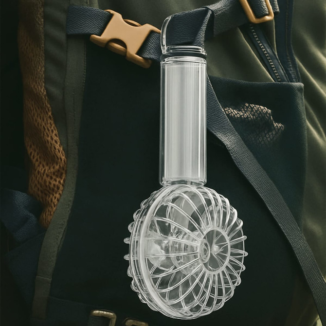 A transparent portable fan with an LED light, featuring a circular design and a hanging strap for attachment.