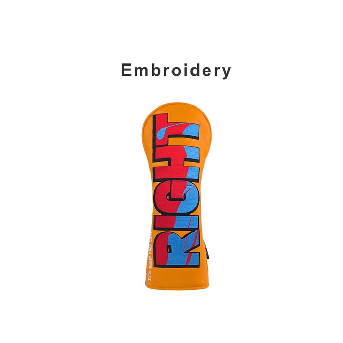 An orange custom golf head cover featuring bold multicoloured embroidery. It has a logo on the side.