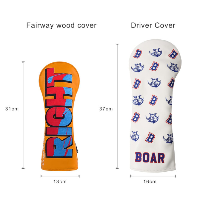 A custom golf head cover in orange and white, featuring graphics and a logo, designed for fairway woods and drivers.