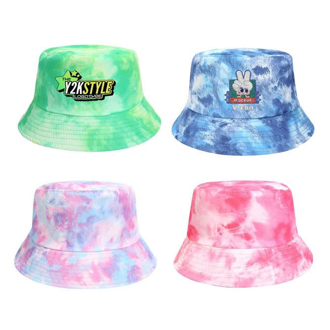 A collection of tie dye bucket hats in green, blue, pink, and white, featuring various designs and logos.