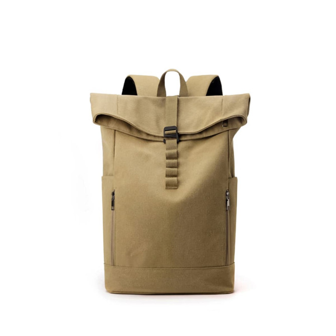 A vintage roll-top backpack in a tan colour, featuring adjustable straps and side zip pockets. It has a logo.
