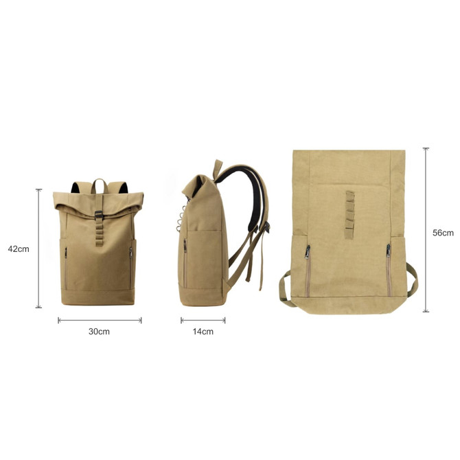 A vintage roll-top backpack in a tan colour, featuring adjustable straps, side zippers, and a logo. Dimensions included.