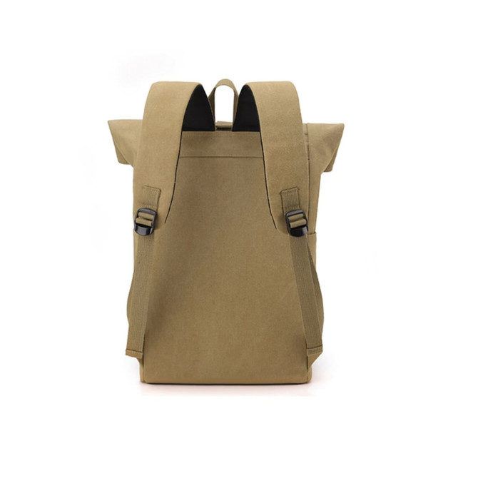 A vintage roll-top backpack in a tan colour with adjustable shoulder straps and a simple design.