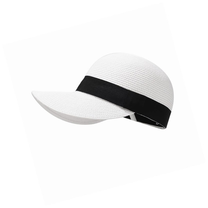 A white sun hat with a wide black band around the base, featuring a curved brim.
