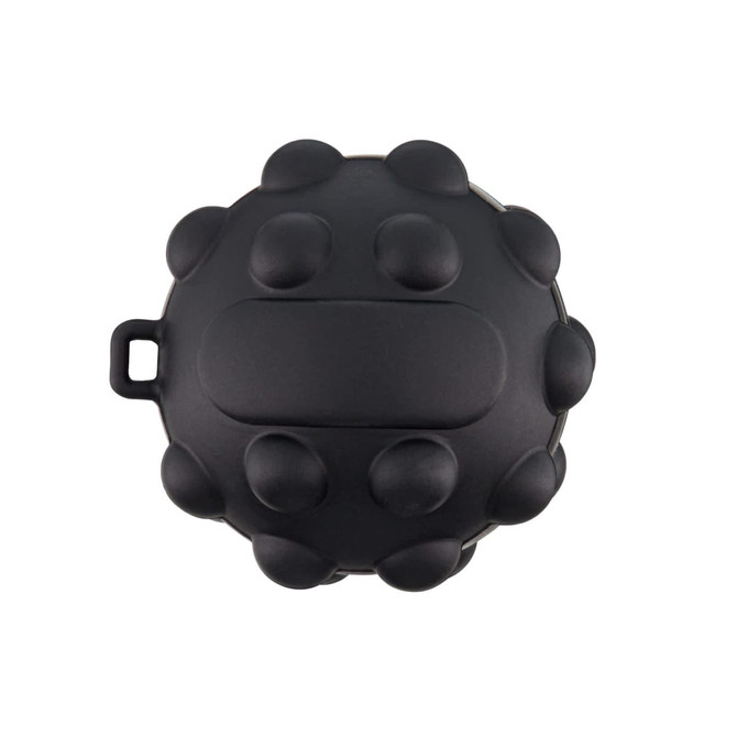 A black popper ball featuring rounded protrusions and a central button, designed for manipulation.