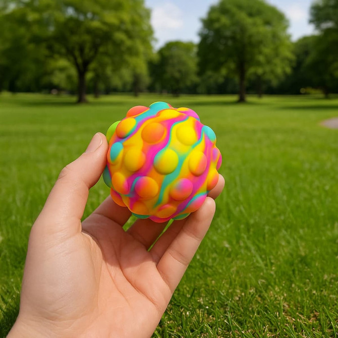 A hand holds a brightly coloured, textured rubber ball with swirls of pink, yellow, and blue against a green park backdrop.