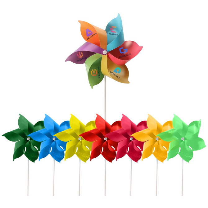 A six-leaf pinwheel featuring red, yellow, green, and blue leaves, mounted on a stick with a branding logo.
